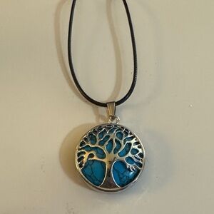 NWOT Turquoise Stone Inlay on Silver-Tone Tree of Life Pendent on 19” Black Cord
